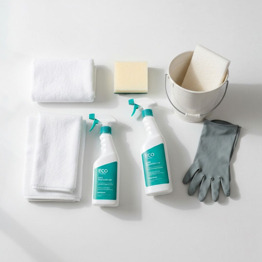 Professional cleaning supplies neatly arranged — spray bottles, microfibre cloths and equipment ready for a Sydney home clean